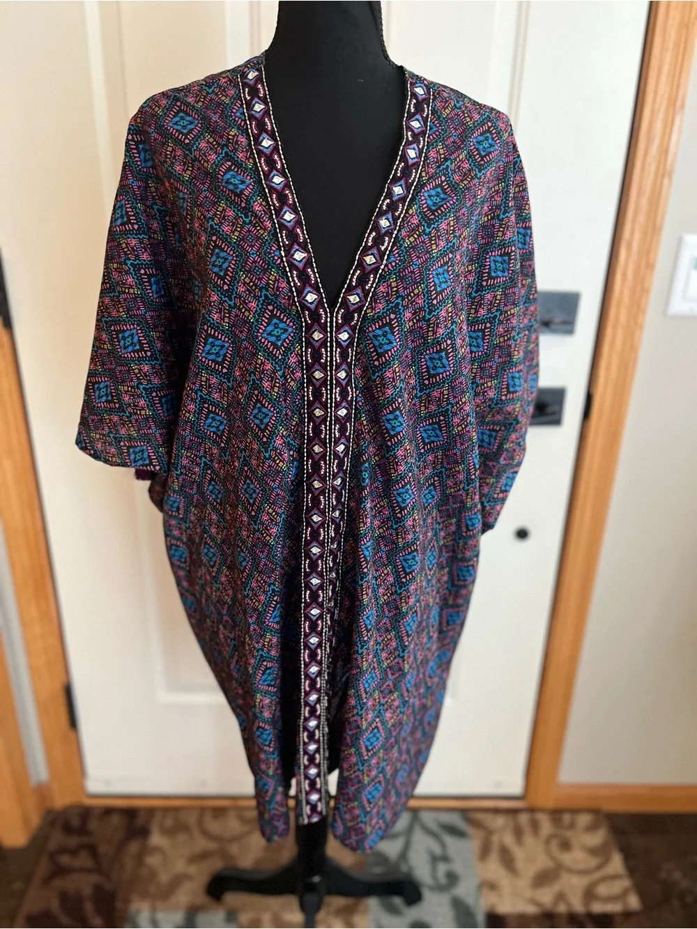Miraclesuit cotton black pink blue caftan swim cover up with tassels. Medium